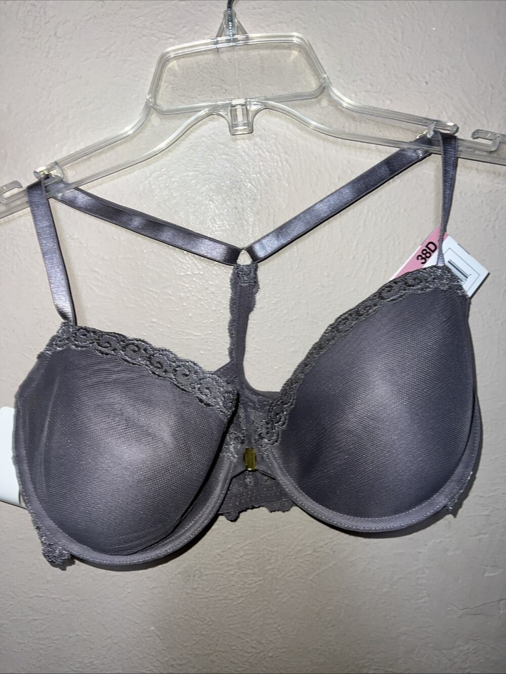 NWT Smart & Sexy Front Closure Lace Racerback Push-Up Bra 38D Grey SA854